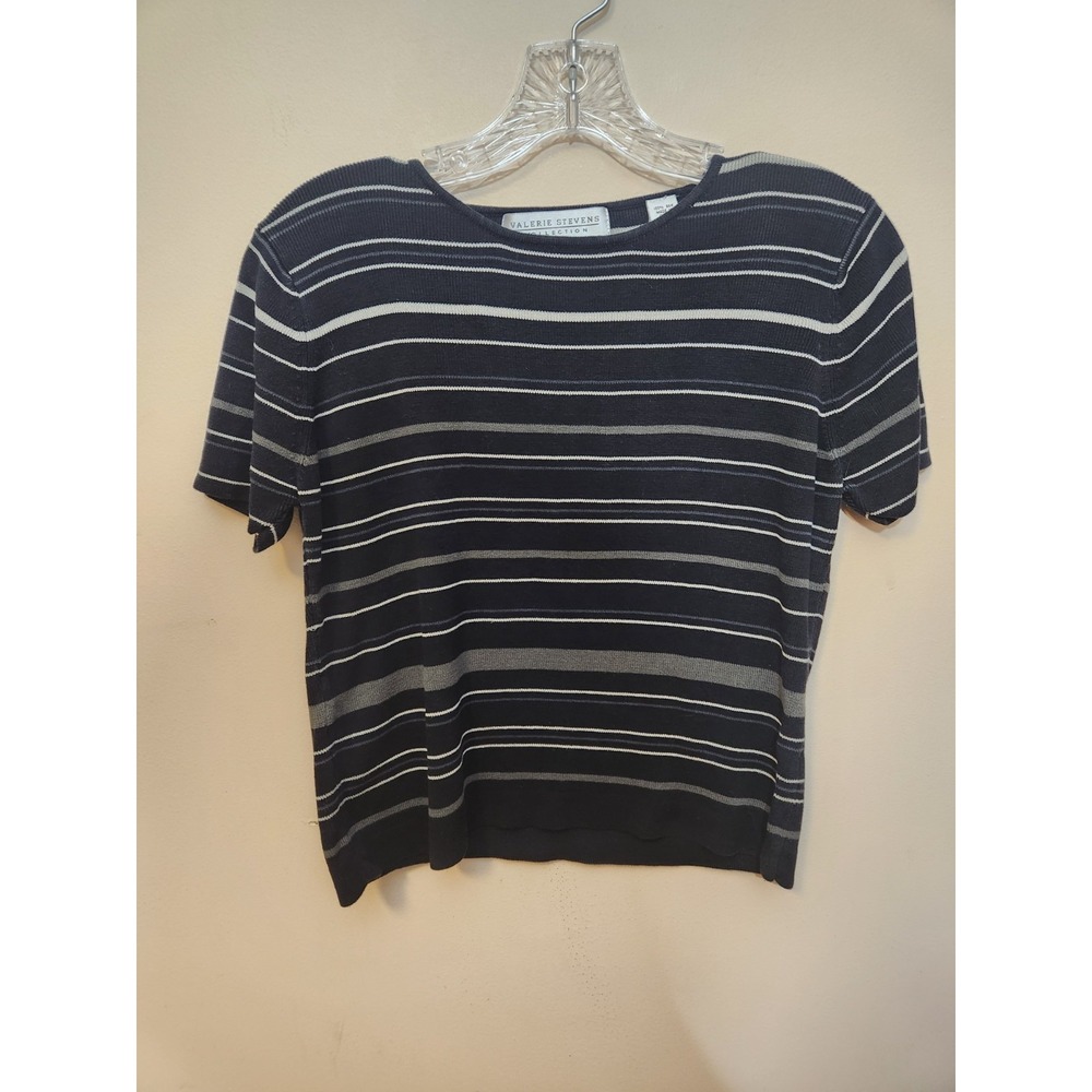VALERIE STEVENS Striped Short Sleeve Sweater Top Black Gray White Women's Size M